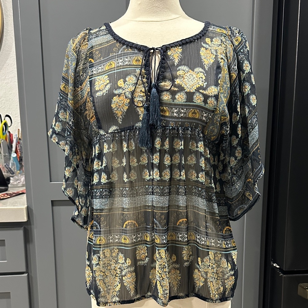 Morgan de Toi Sheer Metallic Floral Boho Blouse - Navy and Gold